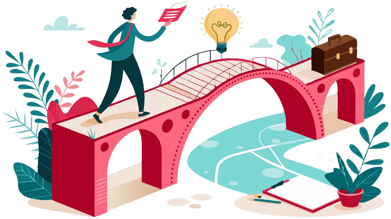 Grafik: Ein Viadukt über unwegbares Gelände – am Ende eine Schatztruhe. 